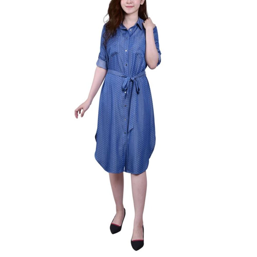 NY Collection Petite 3/4 Roll Tab Sleeve Denim Dress